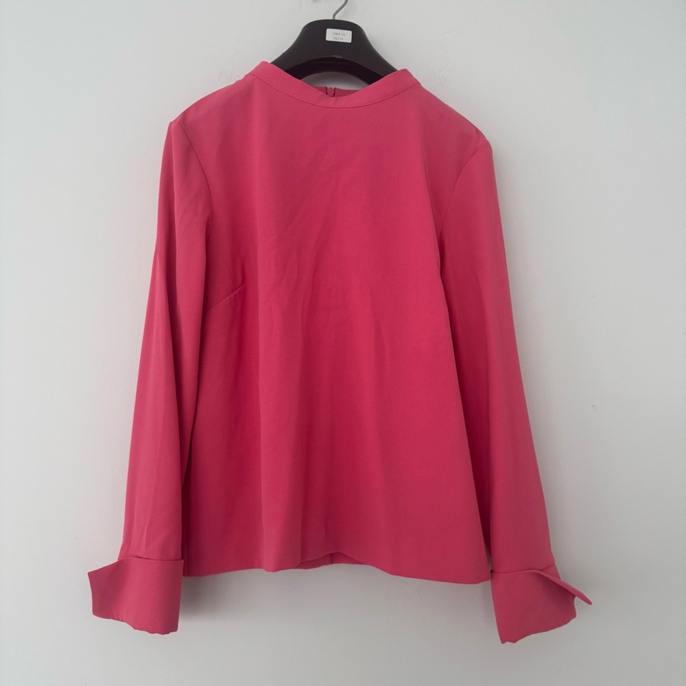 NWT H&M Barbie Pink Long-Sleeve Blouse Mock Neck Flared Cuffs Top Women 10